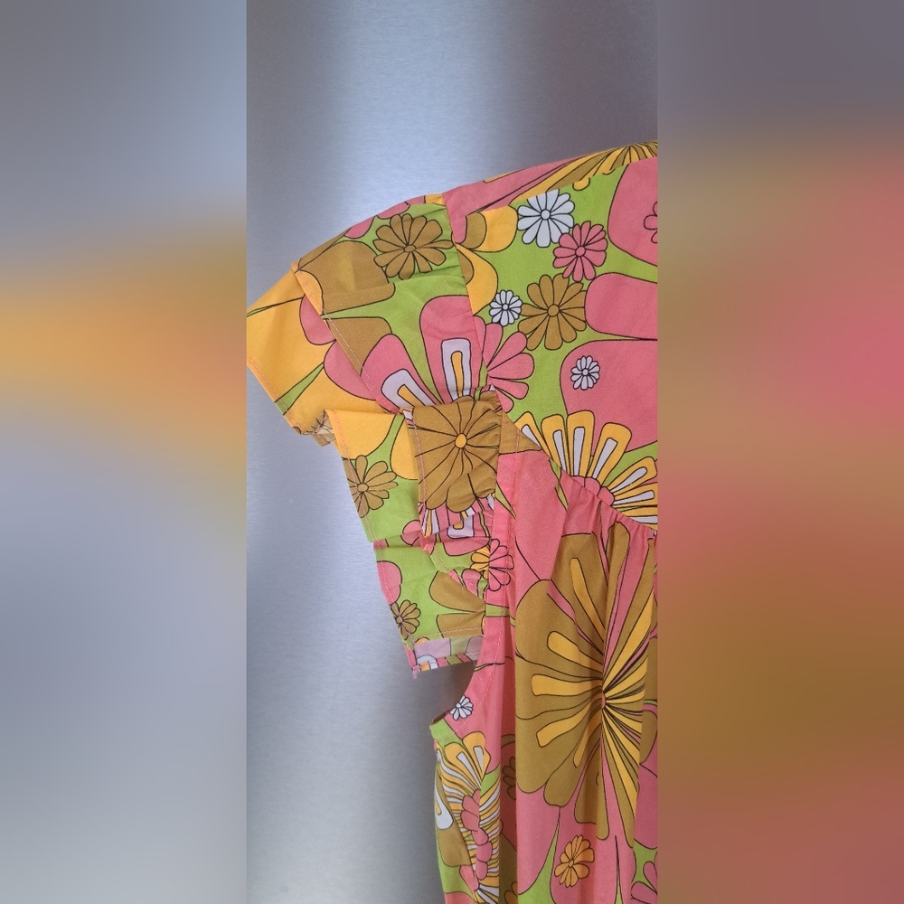 New Flora Bea NYC Mini Dress Retro Styled Tiered Green And Orange Pink Floral M - Picture 7 of 13